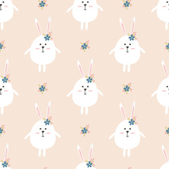 Seamless pattern with rabbits and flowers