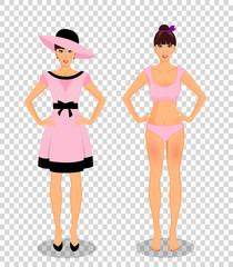 Girls set in dress and in underwear bikini on transparent