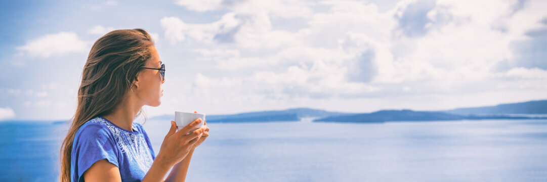 Happy morning woman drinking coffee cup at breakfast hotel view. Smiling Asian girl panoramic banner, summer living.