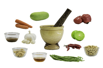 Ingredients for a traditional Thai salad with green papaya Som Tum