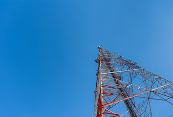 Tele-radio tower with clear blue sky.