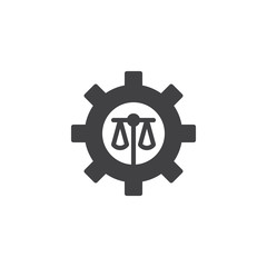 Scales of justice and cogwheel vector icon. filled flat sign for mobile concept and web design. Balance scale in gear simple solid icon. Symbol, logo illustration