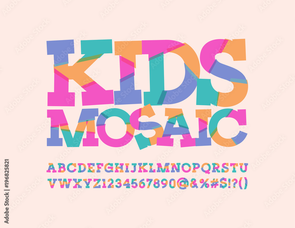 Poster vector abstract pattern sliced font for children. kids mosaic colorful alphabet letters, numbers and
