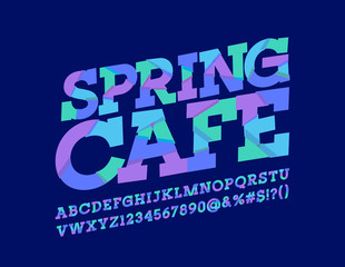 Vector rotated sliced bright logo Spring Cafe. Abstract colorful Font. Original Design Alphabet Letters, Numbers and Symbols