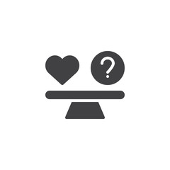 Heart and question mark on scales vector icon. filled flat sign for mobile concept and web design. Love balance simple solid icon. Symbol, logo illustration. Pixel perfect vector graphics