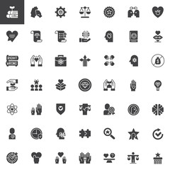 Obraz premium Ethics universal vector icons set, modern solid symbol collection, filled style pictogram pack. Signs logo illustration. Set includes icons as law scales, puzzle, business, teamwork, donation, science