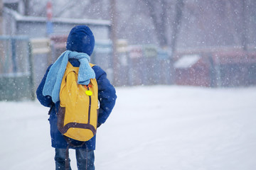 kid (boy) in blue jacket and blue scarf with yellow bagpack going to school in winter nasty blizzard weather, view form behind, copy space