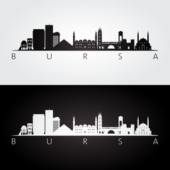 Naklejka premium Bursa skyline and landmarks silhouette, black and white design, vector illustration.