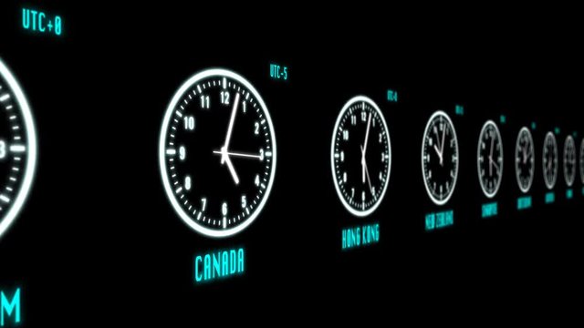 Time Zone Analog Clock By HUD Futuristic Element Concept Overlap Difference Country Location Motion Abstract.