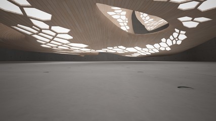 Abstract  concrete and wood parametric interior  with window. 3D illustration and rendering.