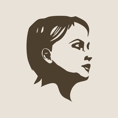 Face half turn view. Elegant silhouette of a female head. Short hair. Monochrome gamma.