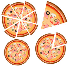 Set of icons with pizza (whole and pieces) on a white background.