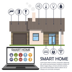 Infographics of the smart house. Home, laptop (computer) and a set of smart home icons. Place for text.