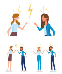 Woman conflict. Two women characters quarrel and make a loud public scandal . Vector flat cartoon illustration.