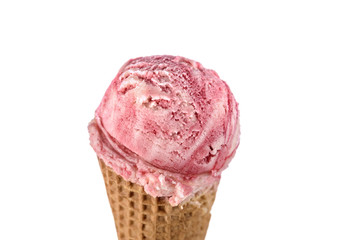 Strawberry ice cream scoop with cone isolated on white background