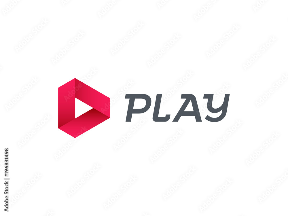Poster play logo for music and tv digital audio or video movie player icon. vector play triangle red flat d