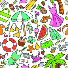 Sea and summer. Seamless pattern in doodle and cartoon style. Color. Vector. EPS 8