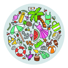 Sea and summer. Set of elements in doodle and cartoon style. Color. Vector. EPS 8