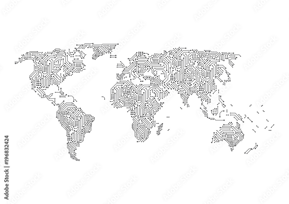 Poster global network digital circuit connection. world map point and line composition concept of global bu