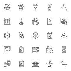 Fototapeta na wymiar Chemistry outline icons set. linear style symbols collection, line signs pack vector graphics. Set includes icons as laboratory flask with chemical fluid, funnel filter laboratory mouse with injection