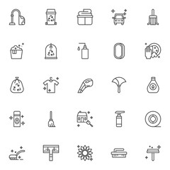 Cleaning outline icons set. linear style symbols collection, line signs pack vector graphics. Set includes icons as vacuum cleaner, recycle bin, clean clothes basket, clean car, cleaning mop, laundry 