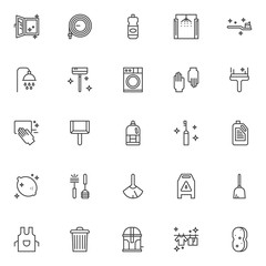 Cleaning service outline icons set. linear style symbols collection line signs pack. vector graphics. Set includes icons as open clean window, watering hose, detergent bottle, washing car, clean broom
