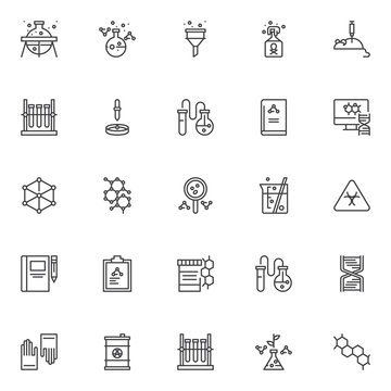 Chemistry outline icons set. linear style symbols collection, line signs pack vector graphics. Set includes icons as laboratory flask with chemical fluid, funnel filter laboratory mouse with injection