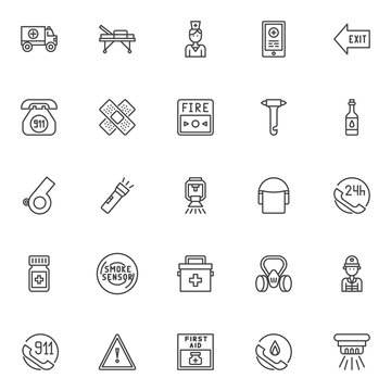 Emergencies outline icons set. linear style symbols collection, line signs pack vector graphics. Set includes icons as ambulance truck, medical stretcher, nurse, emergency call, exit , medical plaster