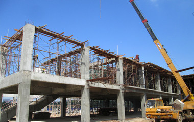 Fabrication work of building beam form work and reinforcement bar at the construction site in...