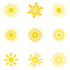 Set of sun icons. Yellow sun of various shapes on white background. Vector illustration. For design.