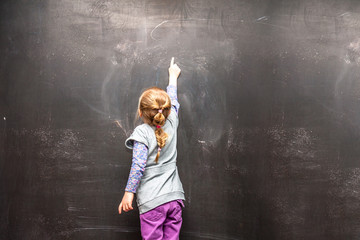 back view of a little girl ponting to something on a chalkboard