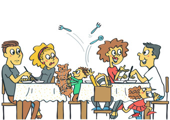 Spouses in restaurant with their annoying and irritating children making a mess, colorful vector cartoon on white background
