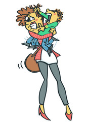 Stressed and miserable mother holding a raging and screaming little child, funny vector cartoon isolated on white background