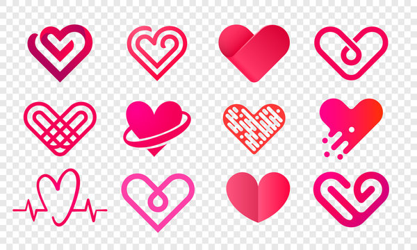 Heart logo vector icons set. Isolated modern heart symbol for cardiology pharmacy and medical center. Valentine love or wedding greeting card fashion design for web social net application