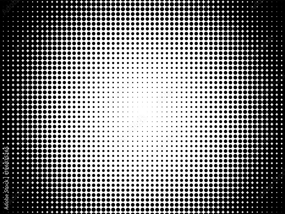 Poster radial halftone pattern texture. vector black and white radial dot gradient background for retro, vi