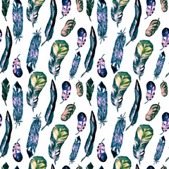 Seamless pattern with watercolor feathers. Can be used for textile print, design tile, wallpaper, abstract background.