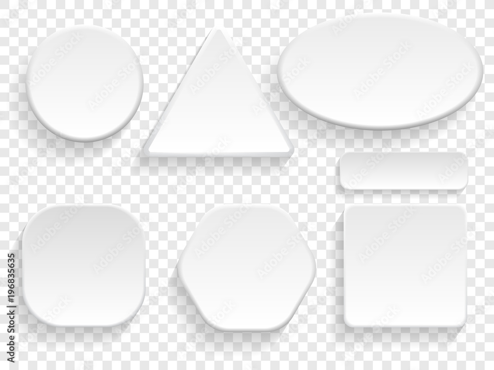 Poster buttons 3d white isolated set of round, square and triangular or rectangular shape on transparent ba