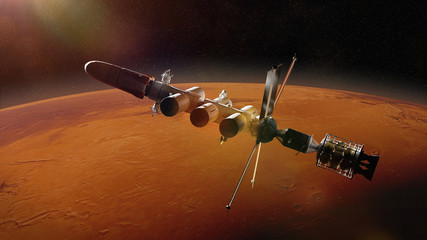 futuristic space ship in orbit of the planet Mars, mission to the red planet