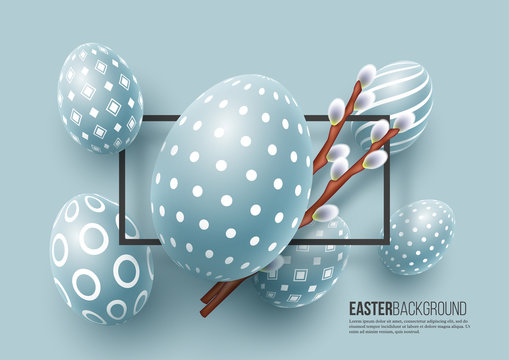 Abstract Easter blue background. Decorative 3d eggs with frame and willow branches. Vector illustration.