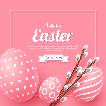 Abstract Easter pink background. Decorative 3d eggs with frame and willow branches. Vector illustration.