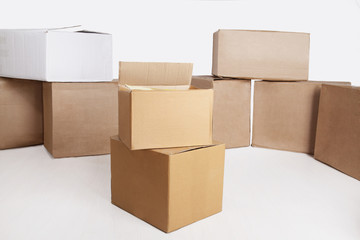 Many cardboard boxes isolated on white background