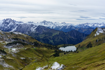 Lake Seealpsee in the mountain landscape of the Allgau Alps above of Oberstdorf