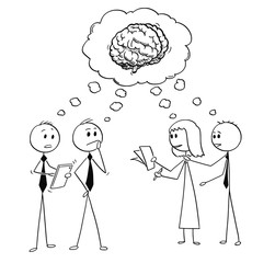 Cartoon stick man drawing conceptual illustration of business team or people thinking together about problem solution. Business concept of teamwork and brainstorming.