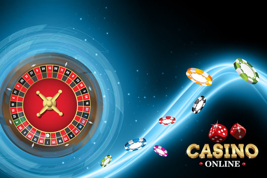 Casino banner with roulette and poker chips on blue neon background