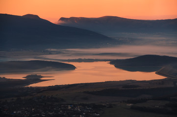The lake on the Crimean Baidar Valley in the winter  morning 
