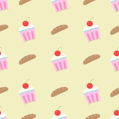 Seamless cute pattern with cupcake and toast on yellow color background