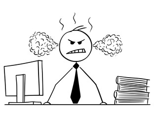 Cartoon stick man drawing conceptual illustration of businessman or manager standing angry behind his desk and steam or smoke coming from his head or ears.