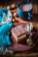 Tasty chocolate cake with hot cocoa in winter