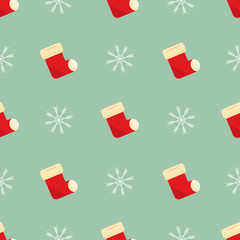 Seamless cute pattern with christmas socks and snowflake on blue background.