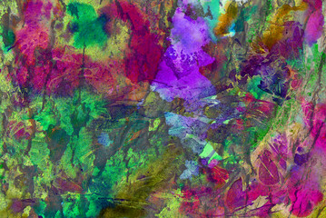 Mixed media artwork, abstract colorful artistic painted layer in green, pink, purple color palette on grunge texture photography vertical background